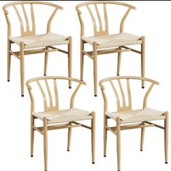Mid Century Modern Metal Wishbone Dining Room Chairs Set of 4 - Rattan painted frame and Woven Seat