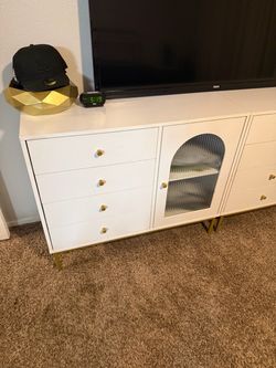 Dresser for Bedroom, Modern Dresser Wood Dresser with Waveform Glass Door and Gold Metal Legs, Dresser Storage Chest of Drawers