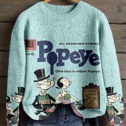 Women'S Olive Green Cartoon Print Sweater - "Olive Tries to Reform Popeye" Design with Popeye & Olive Oyl, Long Sleeves, Round Neck, Casual Style, Win