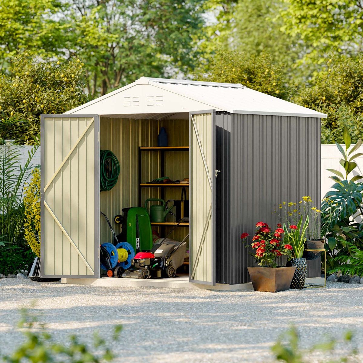 New 6 ft. W x 8 ft. D Outdoor Storage Metal Shed Lockable Metal Garden Shed for Backyard Outdoor (48 sq. ft.)  New in box T-PS1268S0 *  * The steel pl