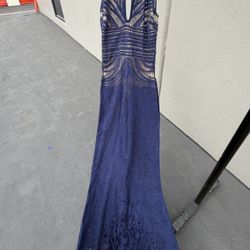 GLAMAZON Navy Blue Lace Beaded Mermaid Formal Dress Sleeveless Backless Size S