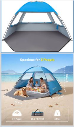 Venustas Beach Tent Sun Shelter for 3/4/6/8 Person, UPF 50+ UV Protection Beach Canopy, Lightweight and Easy Setup Cabana, Portable Shade Tent