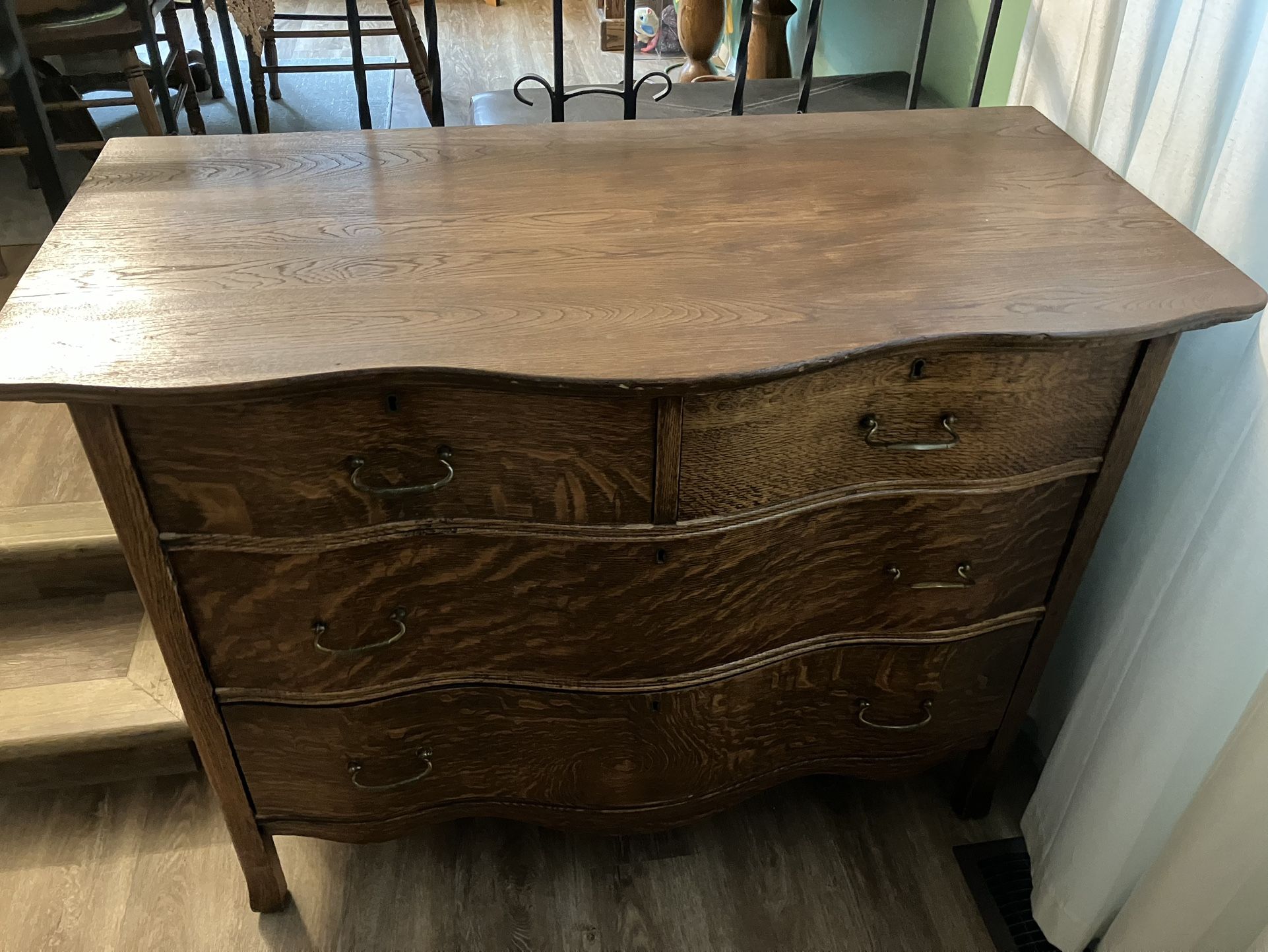 Antique Oak, Curved Wood 4 Drawer Dresser