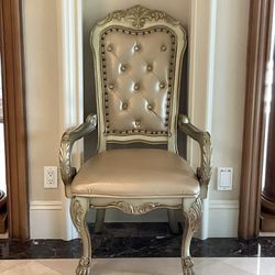Elegant Antique Silver Chair with Tufted Seat and Armrests