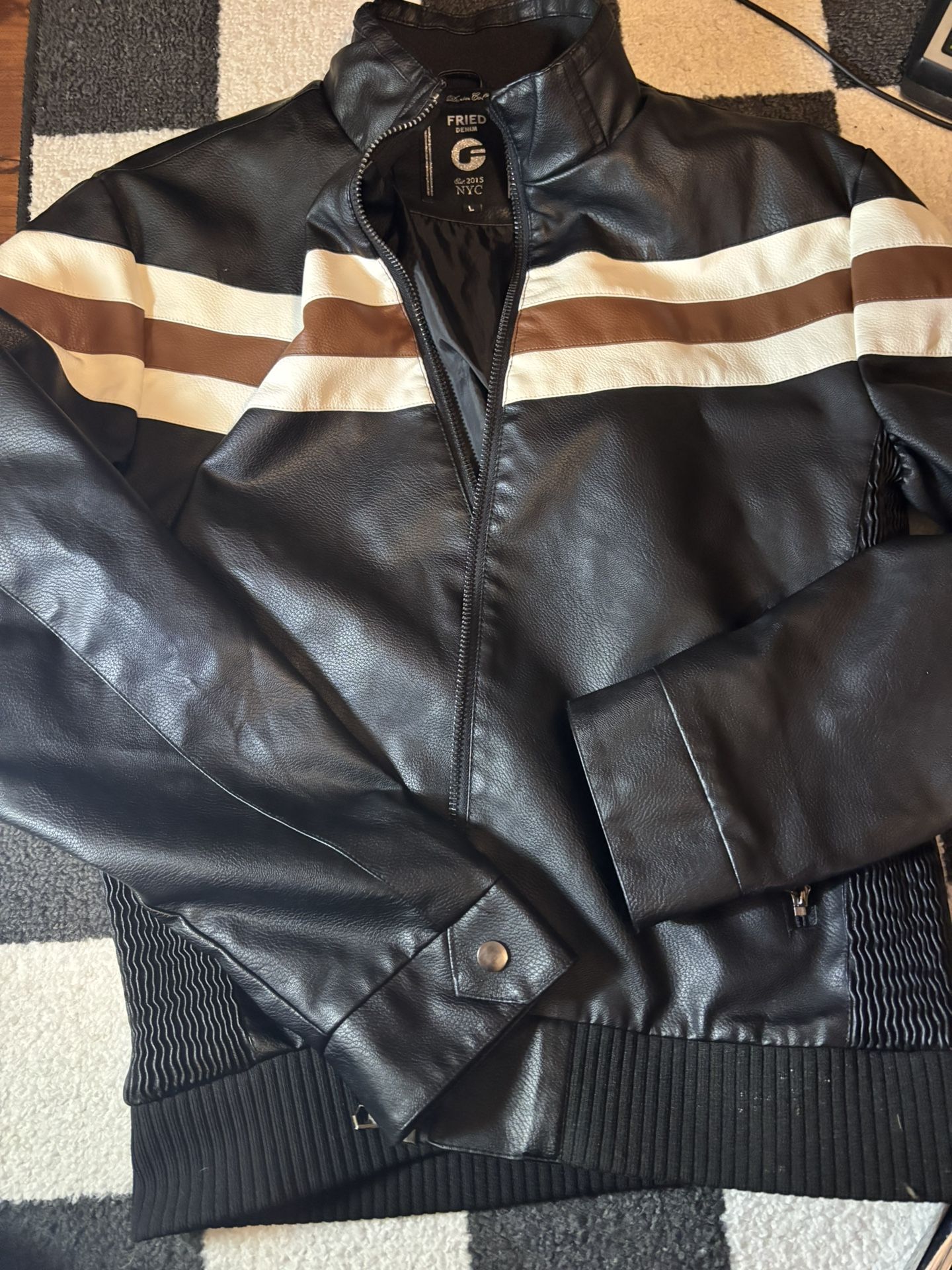 Black Leather Striped Mens Jacket
