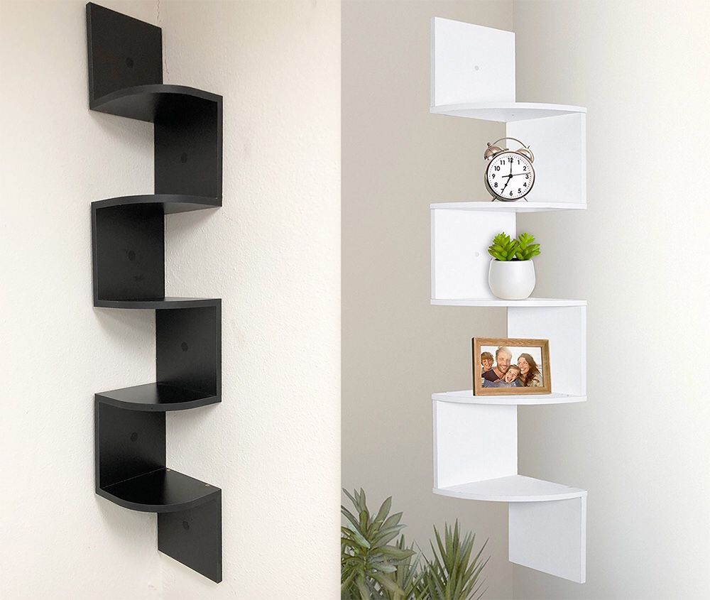 New $20 each (Black or White) Corner 5-Tiers Wall Mount Zig Zag Wood Shelf Home Furniture 8”x8”x48”