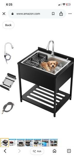 Stainless Steel Large Utility Sink, 33.5" × 26.1" × 36.6" Freestanding Sink with Cold and Hot Water Faucet,Hoses and Drain Kit,Freestanding Laundry Si
