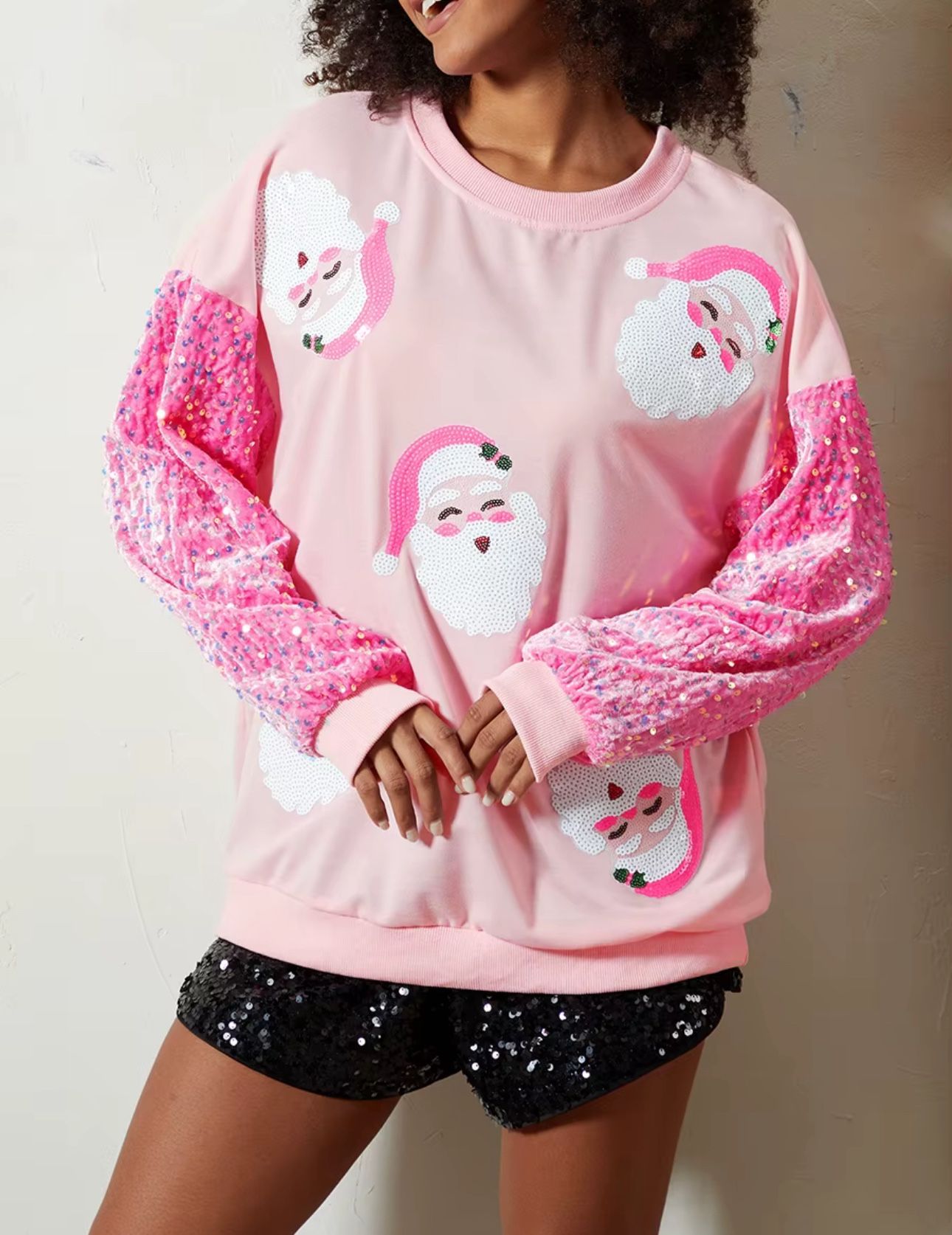 VELVET SEQUIN SLEEVE SANTA CHRISTMAS TOP P INK