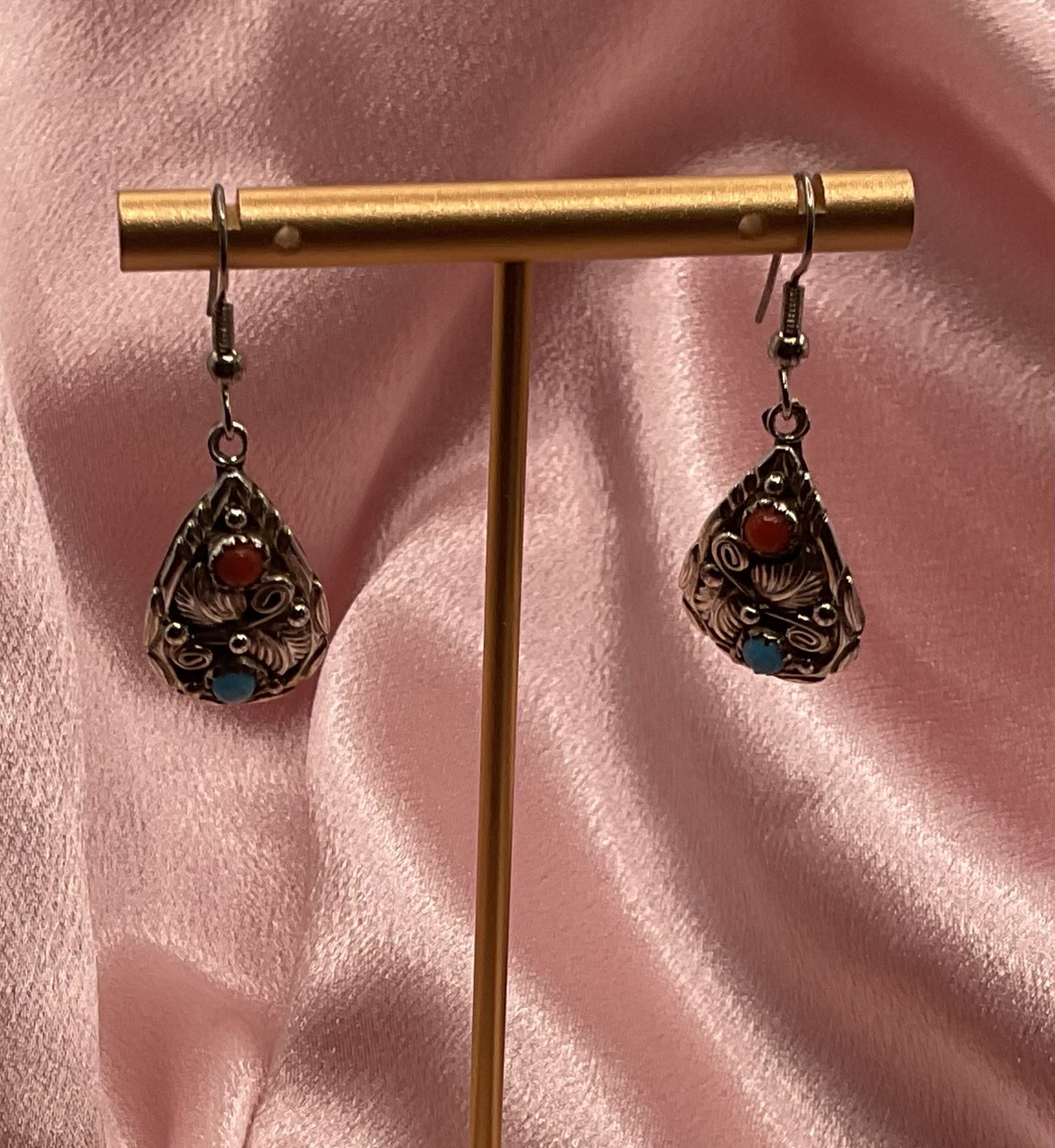 Navajo Sterling, Silver Turquoise And Coral Earrings