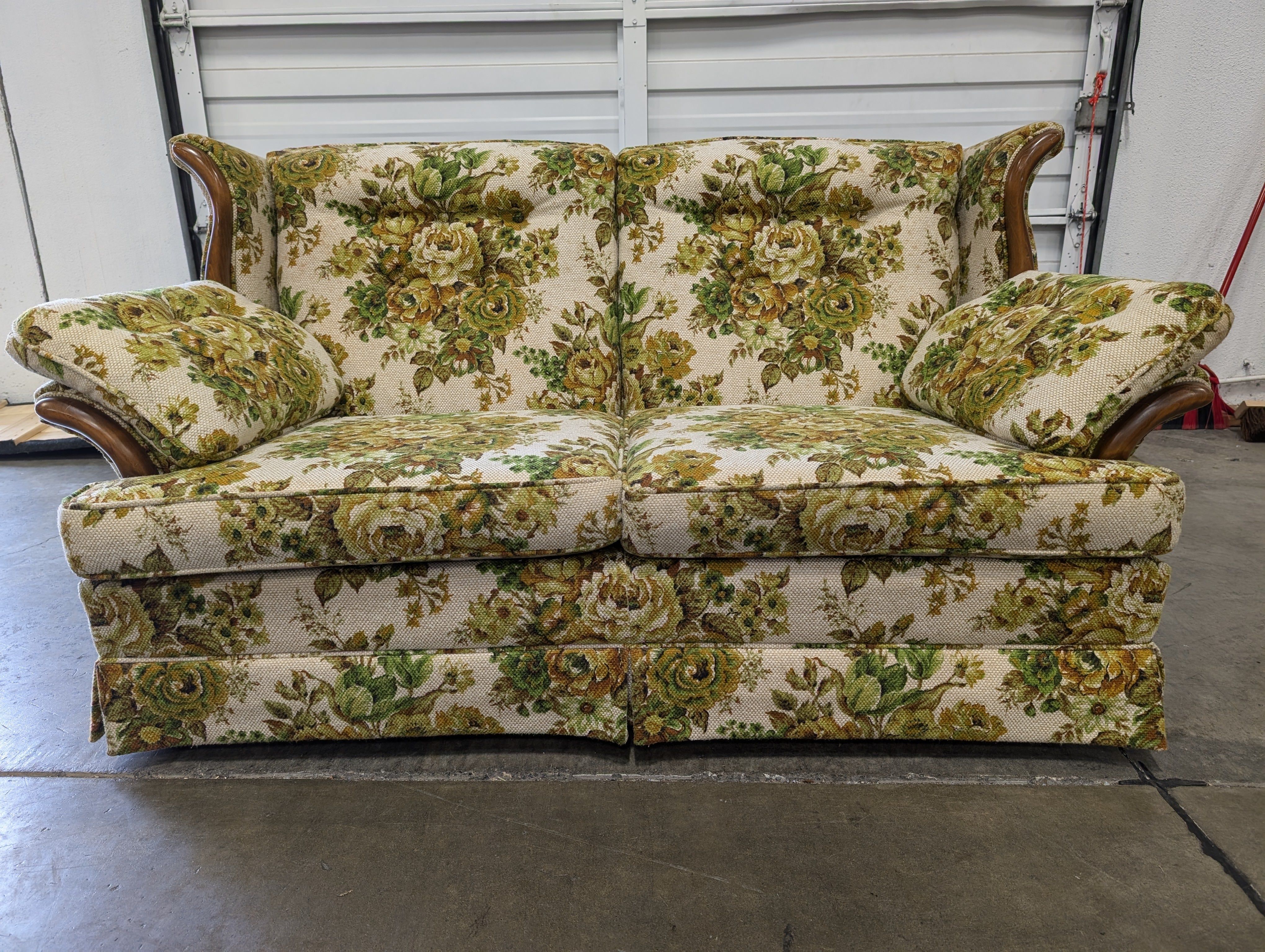 Vintage Floral Upholstered Two-Seater Sofa with Wood Accents