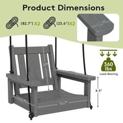 🥨SERWALL HDPE Outdoor Single Porch Swing, Single Person Swing Chair, Adirondack Hanging Chair for Outdoor Patio, Grey