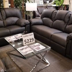 Brand New Black Bonded Leather Manual Reclining Sofa + Loveseat 2PCs Set
