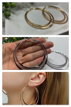 Exaggerated Large Smooth Circle Double Hoop Earring, Gold and Silver Color (2 Sets)
