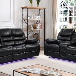 Leather Recliner Sofa & Loveseat B/T Speaker Led Lights