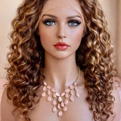 22” Ombre Highlight Deep Wave 180% 13x4 Lace Front Human Hair pre-plucked HD transparent Lace Wig