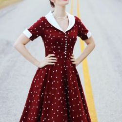 Vintage Gown Town Dress Red White Polka Dit 1960/79’s Style