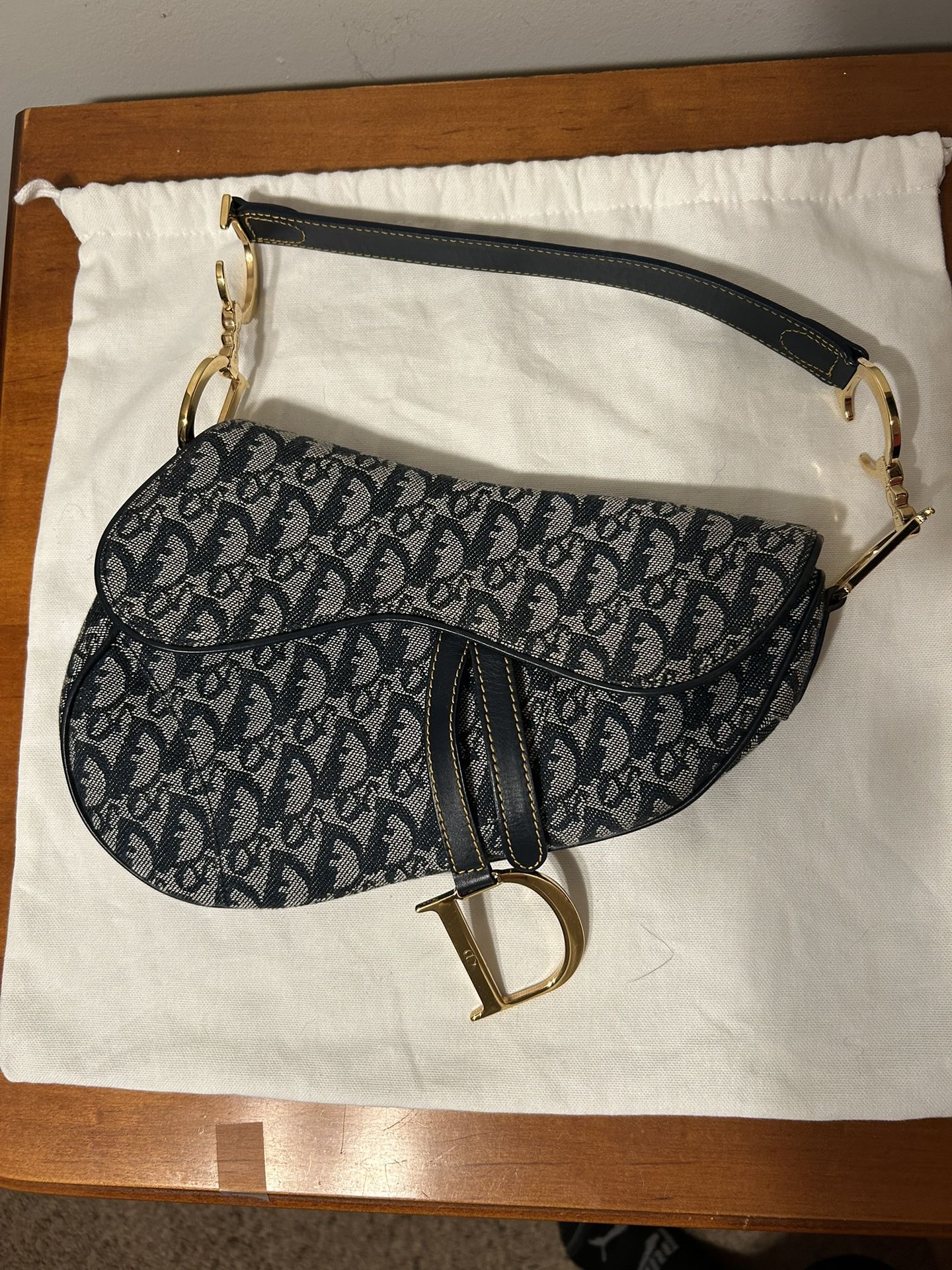 Authentic Christian Dior Blue Oblique Jacquard Saddle Shoulder Bag, Medium Size