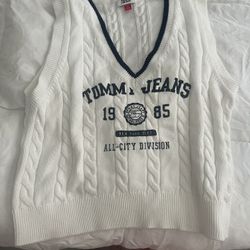 Tommy Jeans White Blue V-Neck Pullover Sweater Vest Women's XL