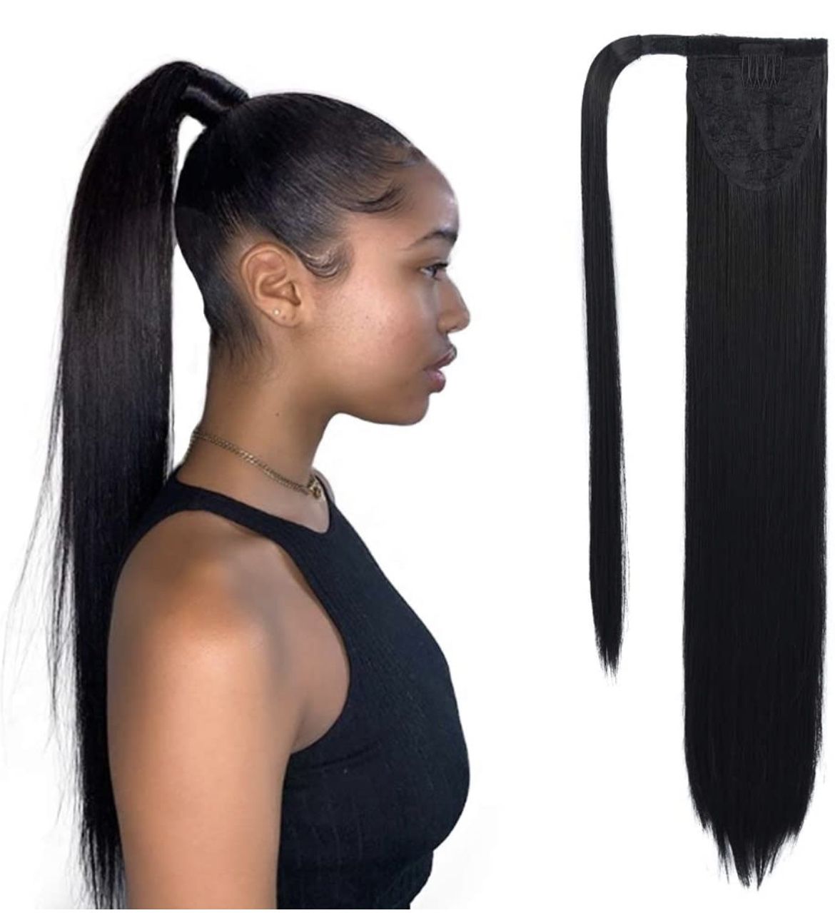 SEIKEA Clip in Ponytail Extension Wrap Around Long Straight Pony Tail Hair 28 Inch Synthetic Hairpiece - Black