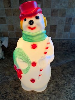 VINTAGE 1968 Empire Plastic Corp Snowman Candy Cane Wreath Blow Mold Light Up