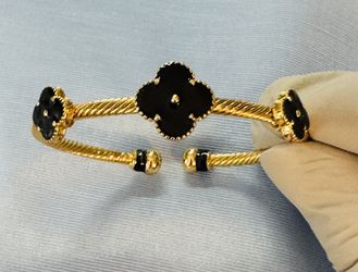 Clover Bangle Cuff 14K plated Twist Rope Black Onyx Enameled