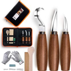 Wood Carving Tools 5 in 1 Knife Set - Includes Hook Knife, Whittling Knife, Detail Knife, Carving Knife Sharpener for Spoon Bowl Cup Kuksa for Kids & 