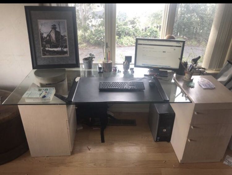 Glass and white washed wood desk