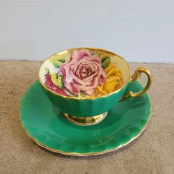 Vintage Green Aynsley Orban Three Cabbage Roses England Teacup & Saucer.