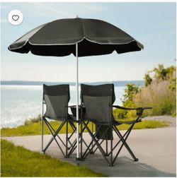 Goplus Double Camping Chair with Umbrella, Folding Loveseat Chairs w/Canopy Shade, Carrying Bag, Table, Cup Holder, Portable Beach Chairs Outdoor Picn