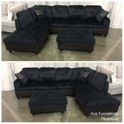 Brand New Midnight Black Microfiber Sectional With Storage Ottoman 