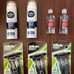 3 Packs Gillette Razors (3 x 3 = 9 Ct), 2 Nivea Shave Gel, 2 Hand Sanitizers: 7 Items $20