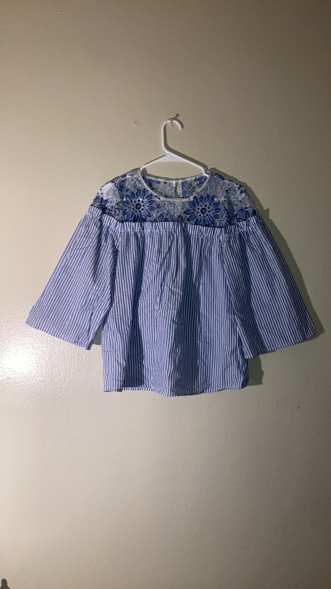 Calypso 3/4 Sleeve Babydoll Tunic Floral Mesh Embroidered Striped Blouse Size XS