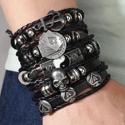 5 PCs Gothic Faux Leather Bracelets, Y2k Studded Bracelet Wristbands , Vintage Antique Rock Emo Jewelry Accessories Men Women Hip Hop Street Style 