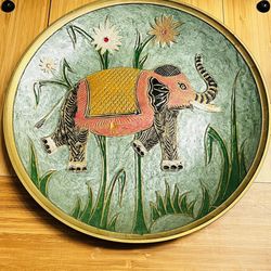 Vintage Solid Brass Enamel Elephant Wall Decor Plate Boho India  9 1/2 Inch 