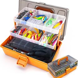 Brand New Large 3-Layer Fishing Tackle Box with Tackle Included, All-in-One 417 Pcs Fishing Lures Kit with Small 2-Sided Box & Glove