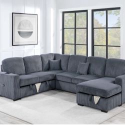 $649-4Piece Convertible Sectional Sleeper Sofa ,Chaise Storage ,Sofa Storage & USB Ports 98” x 103” x 61” x36”H