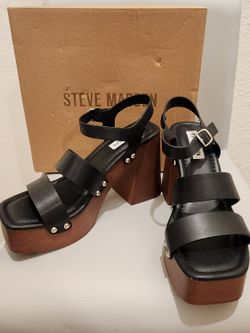 New Womens Black Steve Madden Gain  Block Platform Ankle Strap Sandals, Sz. 9.5