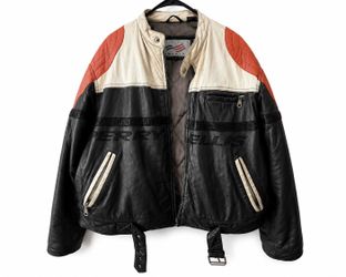 Vintage 90s Perry Ellis America Racing Leather Motorcycle Jacket Size L Y2K