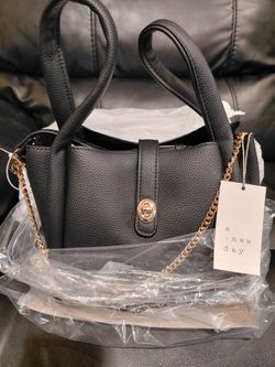Black Leather Structured Handbag with Gold Hardware
