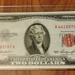 USA America 1953 vintage Red seal $2 two Dollars bill banknote currency