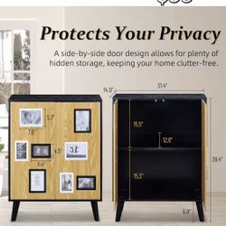 😀 Accent Cabinet Rustic Buffet Cabinet with Storage, Photo Frames, Floor Standing Bar Cabinet, Oak Lines Finish Sideboard Organizer, Anti-Dipping Woo