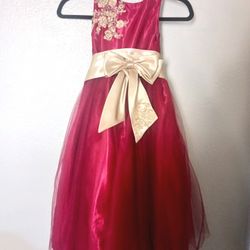 Mayluz: Kids Burgundy Dress With Gold/Champagne Bow + Gold/ Champagne Color Dress Open Toe Shoes