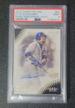 Pop2 PSA 9 /130 on card Auto Kyle Schwarber 2018 Topps Tier One Prime Performers