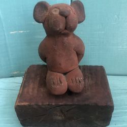 Cool Vintage/Antique Handmade Clay/Ceramic Bear On Block Of Wood 