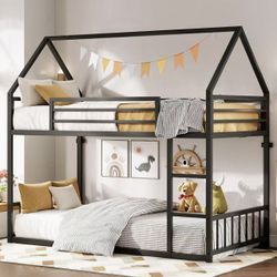 LIKIMIO Bunk Bed Twin XL Over Twin XL, Metal Bunk Bed Frame with Ladder and Guardrail, Black