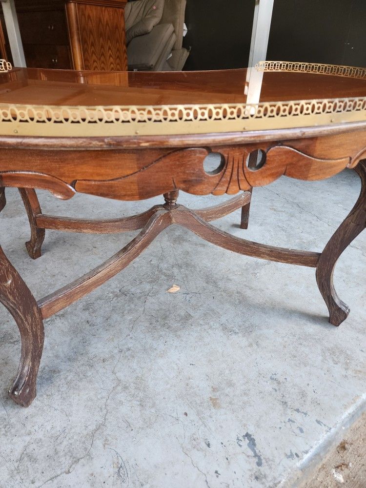 Glass Top Wood Table Floral Design Old Antique
