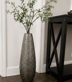 Tall Silver Textured Vase with Artificial Branches