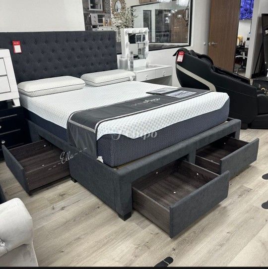 Soledad Grey Upholstered Queen Storage Panel Bed$10 Down Payment And Financing Available