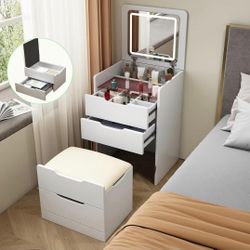 Dressing Table,Small Makeup Vanity Desk with Mirror and Light, Integrated Corner Vanity Desk Compact Dressing Table 3-in-1 Vanity Desk Set with Visibl