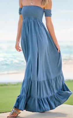 Blue Off-Shoulder Smocked Maxi Dress